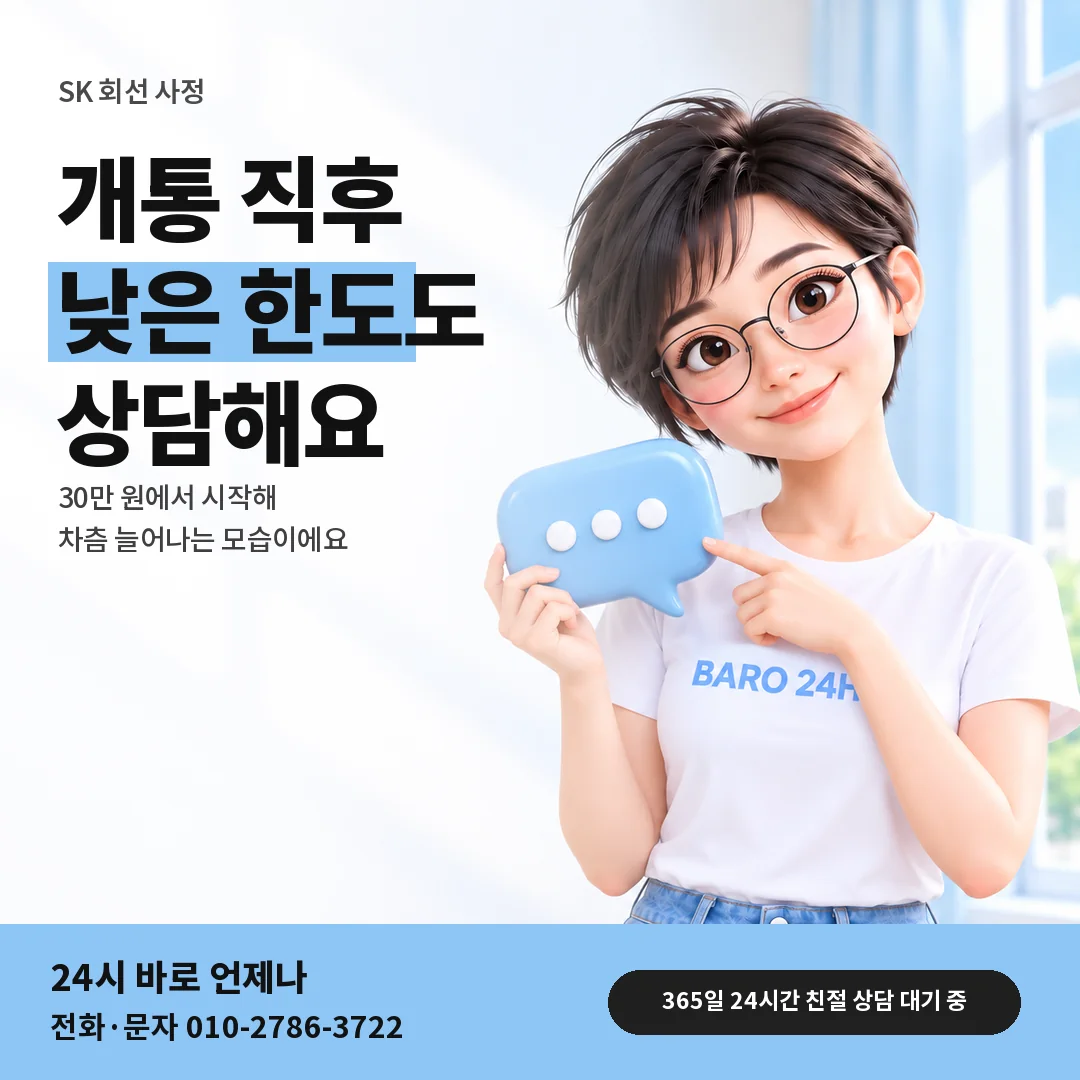말풍선을 든 BARO 24H 티셔츠를 입은 3D 인물 옆에 「SK 신규 개통 직후 한도」 제목을 얹은 안내 카드