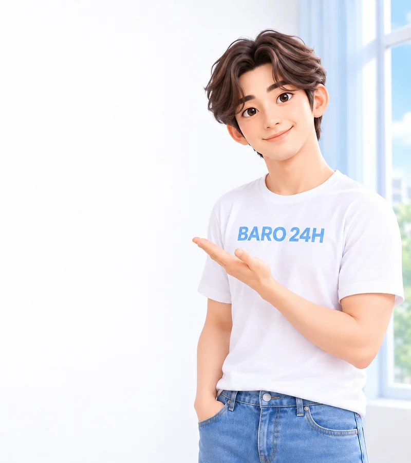 휴대폰을 들고 상담을 안내하는 BARO 24H 티셔츠 차림의 20대 3D 인물